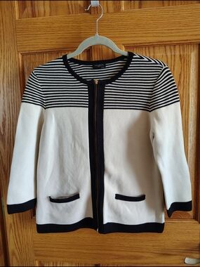 Talbots Black and White Striped Zip-Front Cardigan